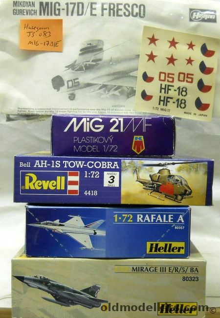 Hasegawa 1/72 Mig-17 D/E Fresco Bagged / KP Mig-21 MF / Revell Bell AH-1S TOW Cobra / Heller Rafale A / Heller Mirage III E/R/5BA, JS083 plastic model kit