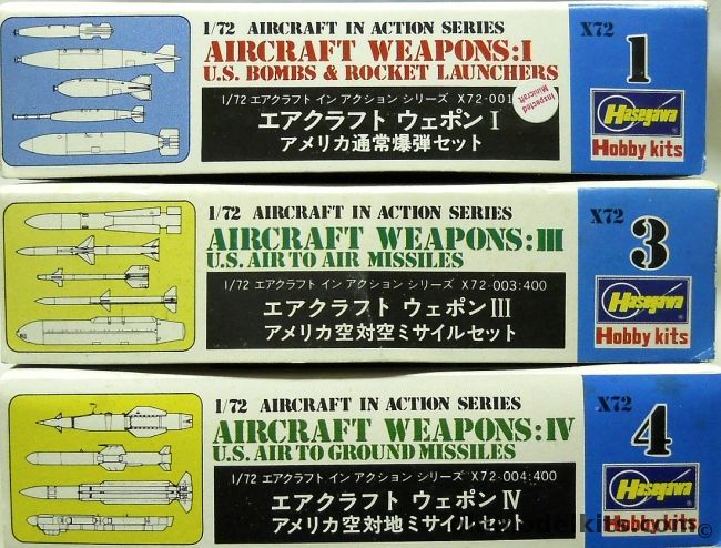 Hasegawa 1/72 Aircraft Weapons 1 / 3 / 4 US Bombs & Rocket Launchers / Air To Air Missiles / Air To Ground Missiles, X72-1 plastic model kit