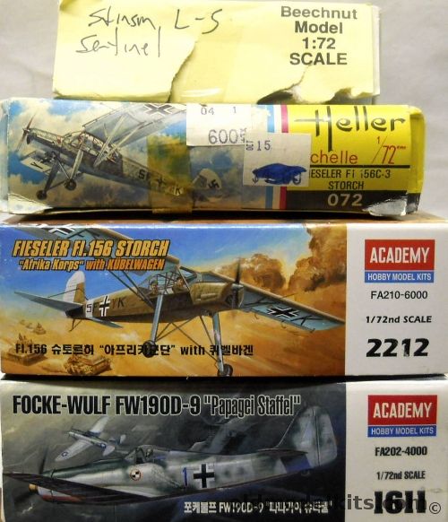 Heller 1/72 Fieseler Storch Fi-156 / Academy Fi-156 Storch / Academy FW-190 D-9 / Beechnut Models Stinson L-5 Sentinel, 072 plastic model kit