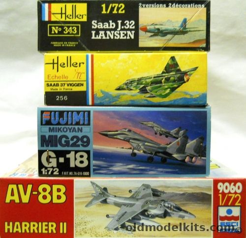 Heller 1/72 Saab Lansen J-32 A32 or S32 Recon / TWO Saab 37 Viggen / Fujimi Mig-29 / ESCI AV-8B Harrier II, 343 plastic model kit