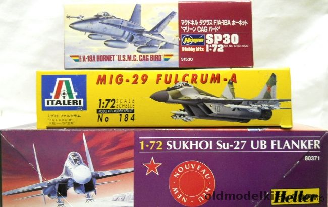 Heller 1/72 TWO Sukhoi Su-27 UB Flanker / Italeri Mig-29 Fulcrum A / Hasegawa F/A-18A Hornet USMC CAG Bird, 80371 plastic model kit