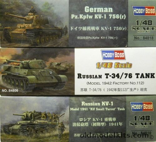 Hobby Boss 1/48 German Pz.Kpfw KV-1 756(r) Tank And Russian T-34 /76 And Russian KV-1 Model 1941 Small Turret, 84818 plastic model kit