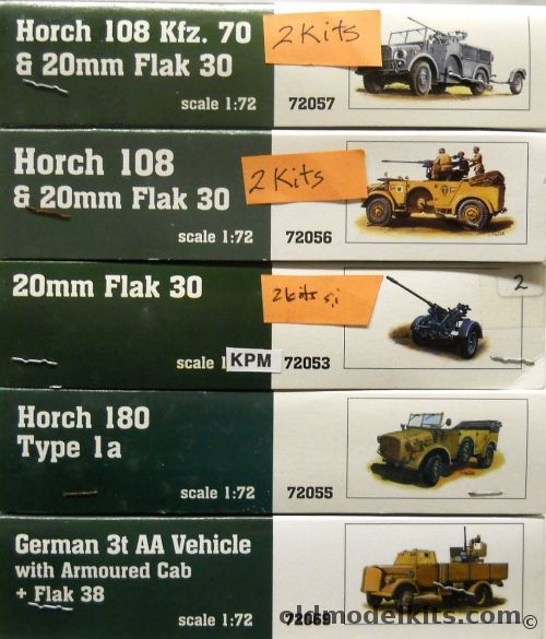 MAC Distribution 1/72 TWO Horch 108 Kfz 70 With 20mm Flak 30 / TWO Horch 108 And 20mm Flak 30 Afrika Korps / TWO 20mm Flak 30 / Horch 180 Type 1a / German 3t AA Vheicle With Armoured Cab And Flak 38, 72057 plastic model kit