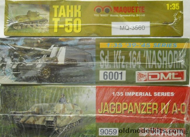 Maquette 1/35 T-50 Russian Light Tank / DML 6001 Sd.Kfz. 164 Nashorn / Dragon 9059 Jagdpan zer IV A-0, MQ3560 plastic model kit