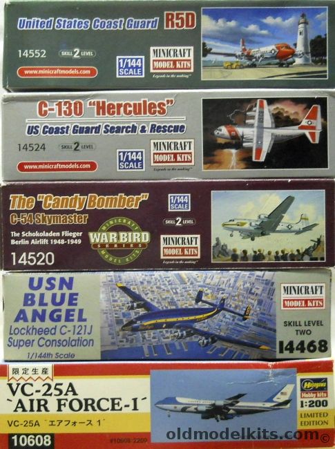 Minicraft 1/144 R5D US Coast Guard / C-130 Hercules US Coast Guard / C-54 Candy Bomber / C-121J Super Constellation / Hasegawa 1/200 VC-25A Air Force 1, 14552 plastic model kit