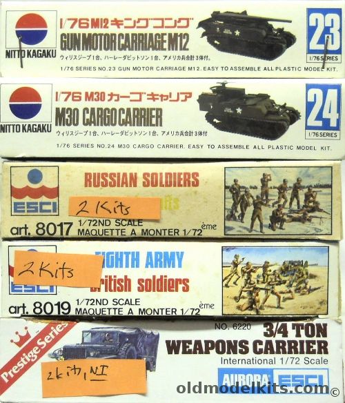 Nitto 1/76 M12 Gun Motor Carriage With Jeep And Motorcycle / M30 Cargo Carrier With Jeep And Motorcycle / ESCI TWO Russian Soldiers / ESCI TWO Eight Army British Soldiers / TWO ESCI/Aurora 3/4 Ton Weapons Carrier, 23 plastic model kit