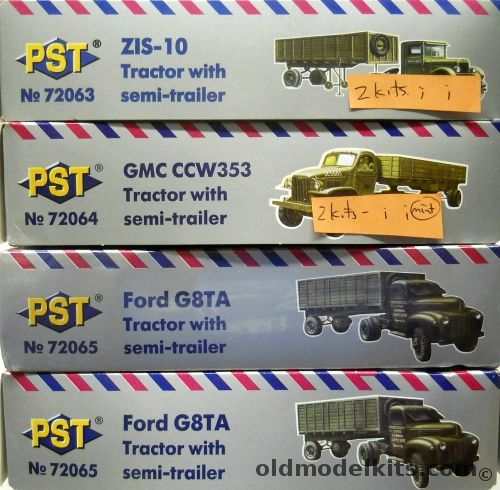 PST 1/72 TWO ZIS-10 Tractor With Semi-Trailer / TWO GMC CCW353 Tractor With Semi Trailer / TWO Ford G8TA Tractor With Semi Trailer /, 72063 plastic model kit