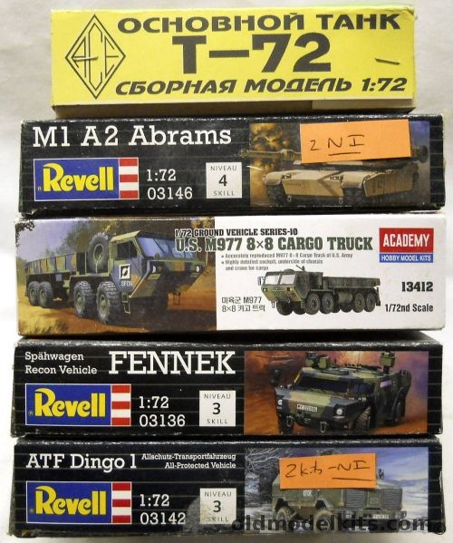 Revell 1/72 TWO M1 A2 Abrams / Spahwagen Recon Fennek / TWO ATF Dingo 1 / Academy M977 Cargo Truck / T-72 Tank, 03146 plastic model kit