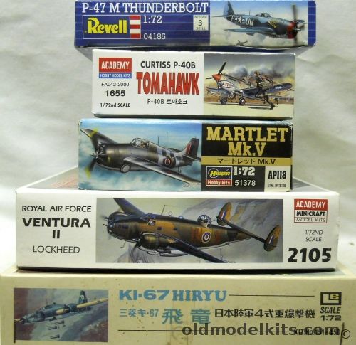 Revell 1/72 P-47M Thunderbolt / Hasegawa Martlet Mk.V (Wildcat F4F) / Academy P-40B Tomahawk / Academy Ventura II / LS Ki-67 Hiryu, 04185 plastic model kit