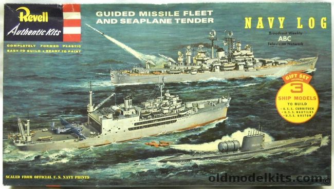 Revell Navy Log Guided Missile Fleet and Seaplane Tender / USS Boston CAG-1 Guided Missile Cruiser / USS Nautilus Submarine / USS Currituck AV-7 Seaplane Tender, G333-495 plastic model kit