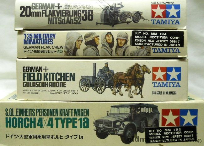 Tamiya 1/35 German 20mm Flakvierling 38 With Sd.Ah.52 With German Flak Crew And German Field Kitchen And Horch 4x4 Type 1A, MM191 plastic model kit