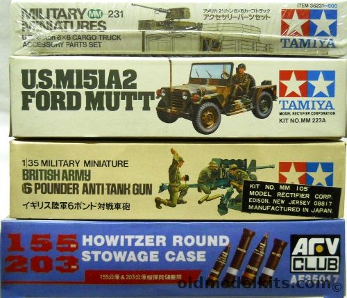 Tamiya 1/35 Cargo Truck Accessory Set / UF M151A2 Ford Mutt / British Army 6 Pounder Anti-Tank Gun - AFV Club 155mm and 203mm Howitzer Rounds & Storage Case, MM231 plastic model kit