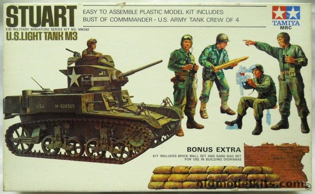 Tamiya 1/35 Stuart M3 Light Tank - With Five Figures / Brick Wall Set / Sand Bag Set - Markings For USA (2 Tanks) / Britain / Canada, MM342 plastic model kit