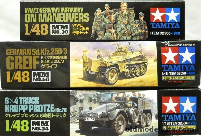 Tamiya 1/48 Krupp Protze Kfz70 6x4 Truck And Sd.Kfz. 250/3 Greif And WWII German Infantry On Maneuvers, MM34 plastic model kit