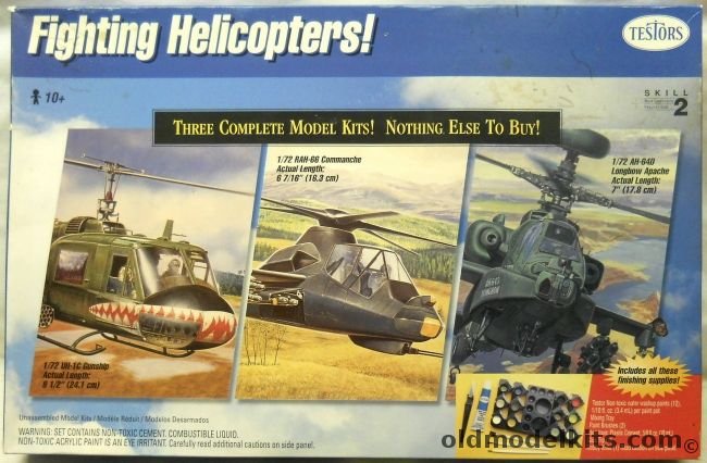 Testors 1/72 UH-1C Gunship Huey And RAH-66 Comanche Helicopter And AH-64D Longbow Apache - Plus Glue / Knife / Paint / Brushes / Mixing Tray, 4058 plastic model kit