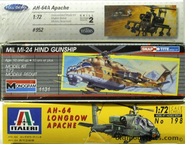 Testors 1/72 AH-64A Apache / Monogram Mil Mi-24 Hind Gunship / Italeri AH-64A Longbow Apache, 952 plastic model kit