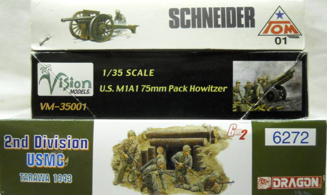 Tom 1/35 75mm Schneider Field Gun M97 / Vision Models M1A1 755 Pack Howitzer / Dragon 2nd Division USMC Tarawa 1943, 01 plastic model kit