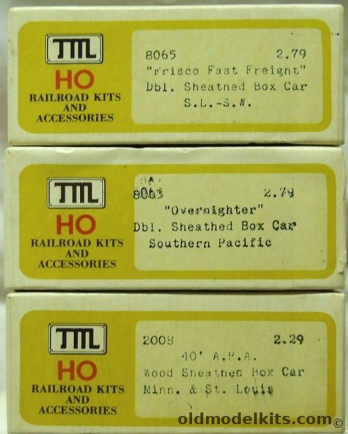 Train-Miniature HO Frisco Fast Freight Double Sheathed Box Car / Overnighter Dbl. Sheathed Box Car Souther Pacific / 40 Foot ARA Wood Sheathed Box Car Minn & St. Louis - HO Kits, 8065 plastic model kit