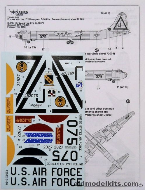 Warbird Decals 1/72 B-36 Peacemaker Decals - Bagged, 72-032 plastic model kit